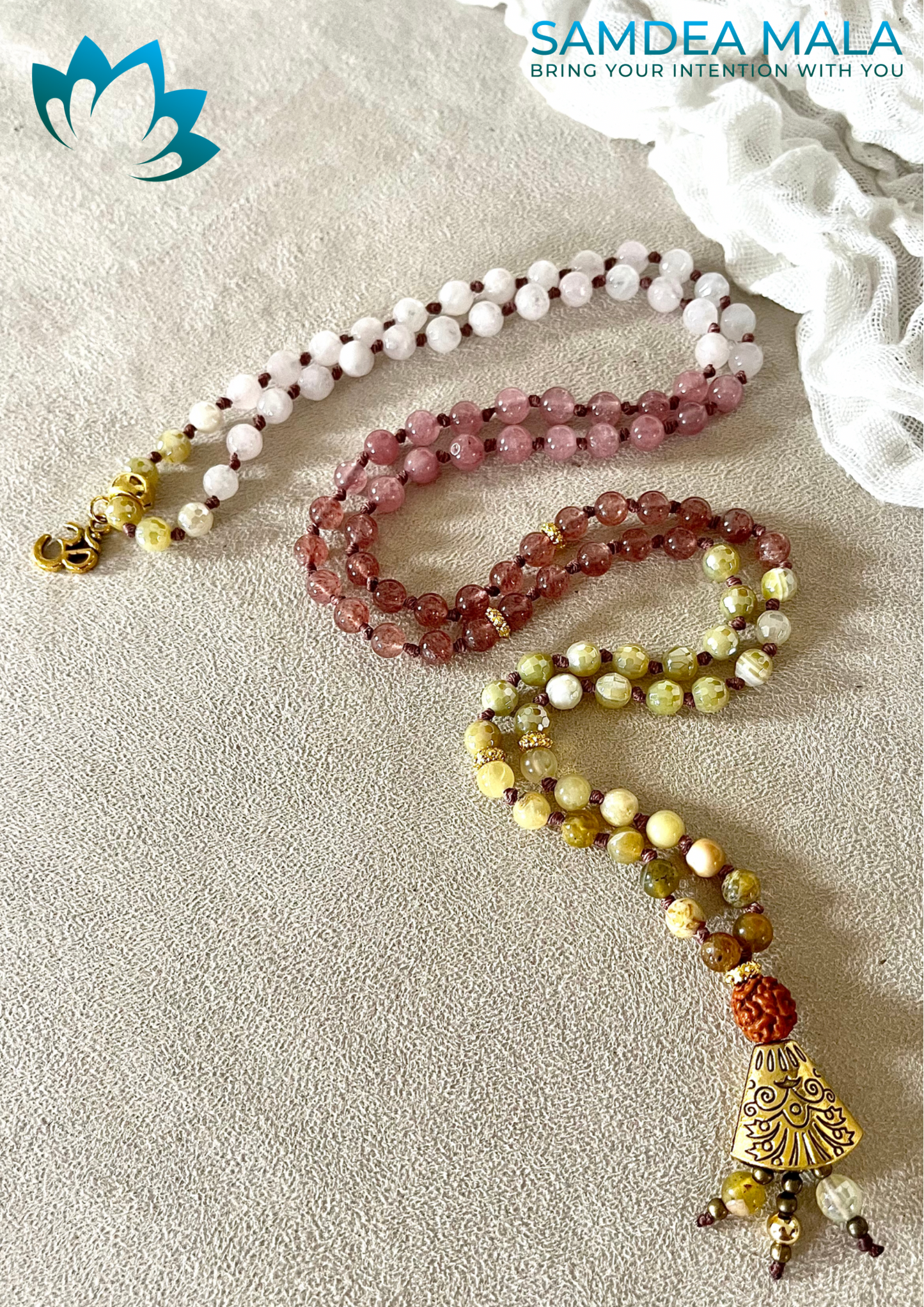 Mini mala in Agate and Rose Quartz with Rudrashka