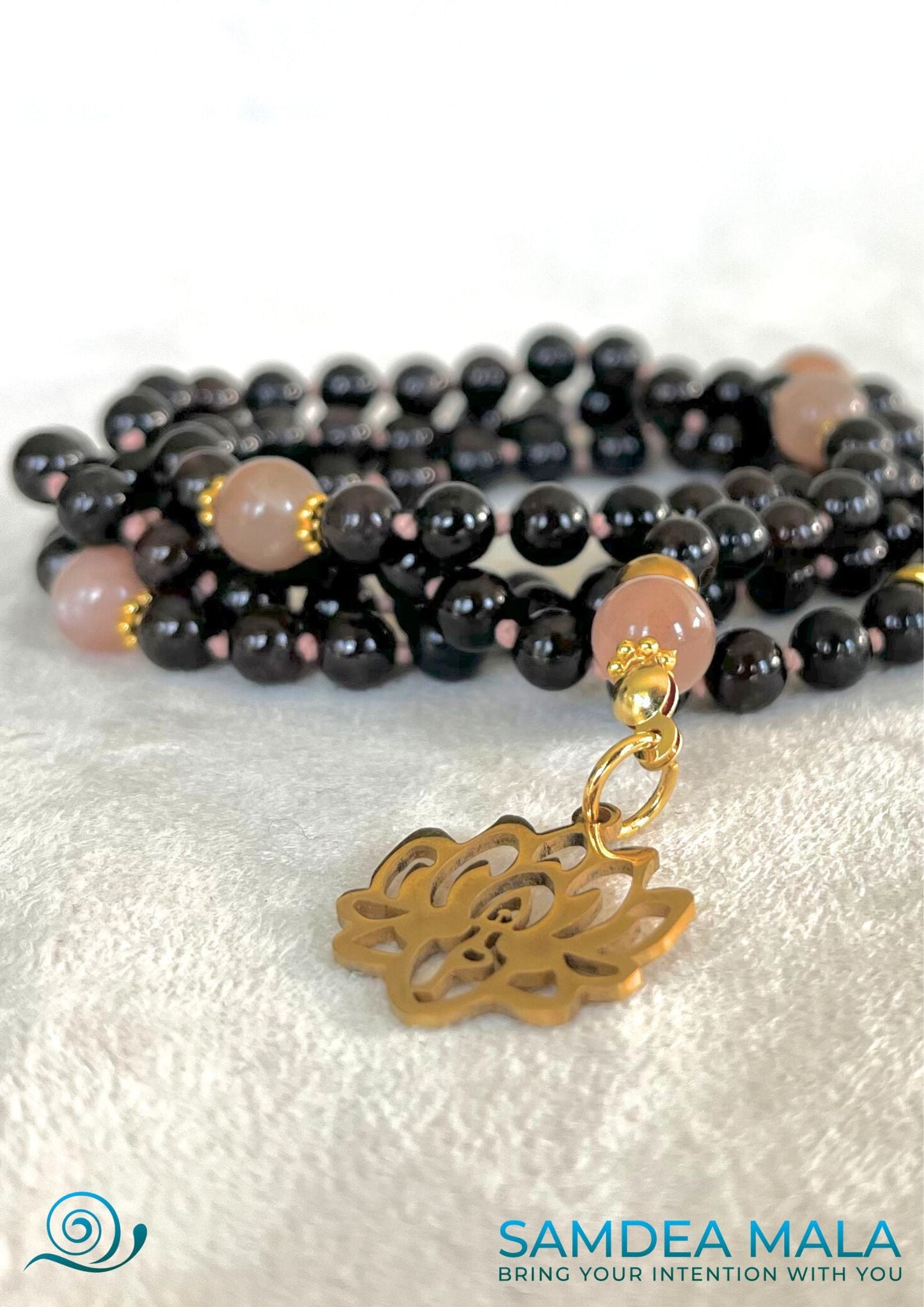 Mini Mala in Garnet, Sunstone, and Lotus — handmade necklace with natural gemstones and lotus pendant, Samdea Mala