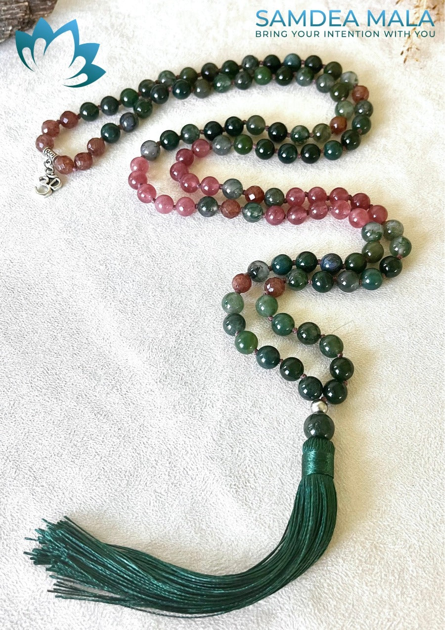 Mala or Short Mala in Moss Agate and Rose Quartz