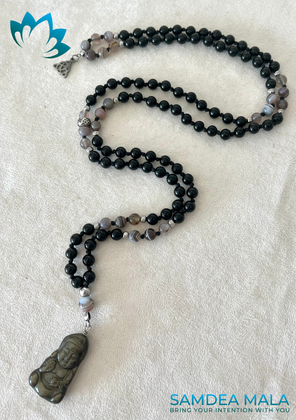 Mala, Short Mala or Mini Mala in Obsidian and Botswana Agate with Buddha