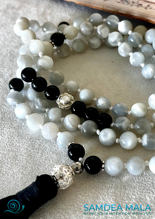 Mala in Moonstone - custom mala beads, spiritual mala, prayer beads, gemstone necklace, Hanuman, Sri Lanka, Sri Lanka Moonstone - Samdea Mala