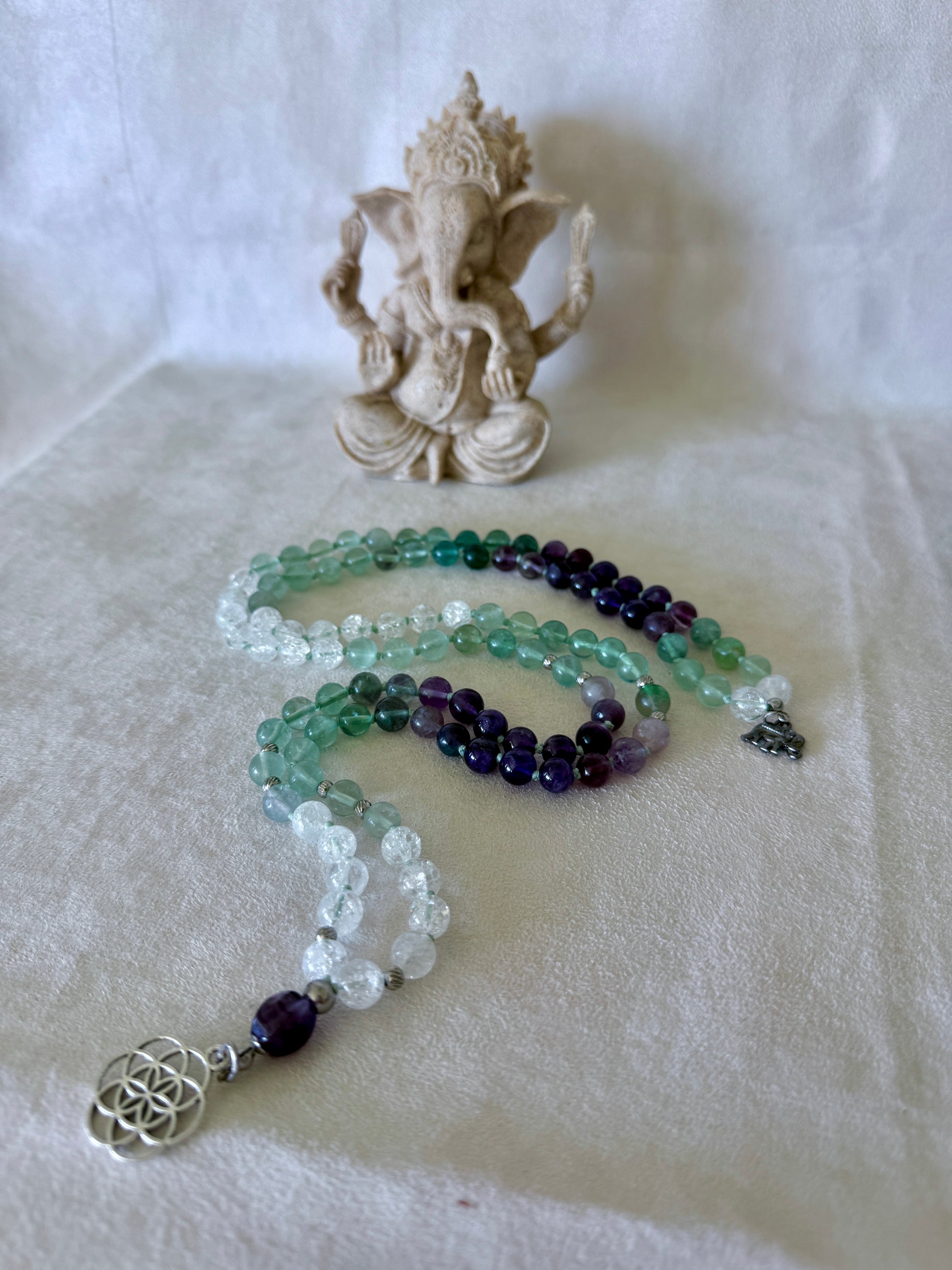 Natural Green fluorite, amethyst and clear quartz mala necklace for meditation and spiritual practice, Hand-knotted 108 bead mala with natural untreated gemstones and amethyst meru bead