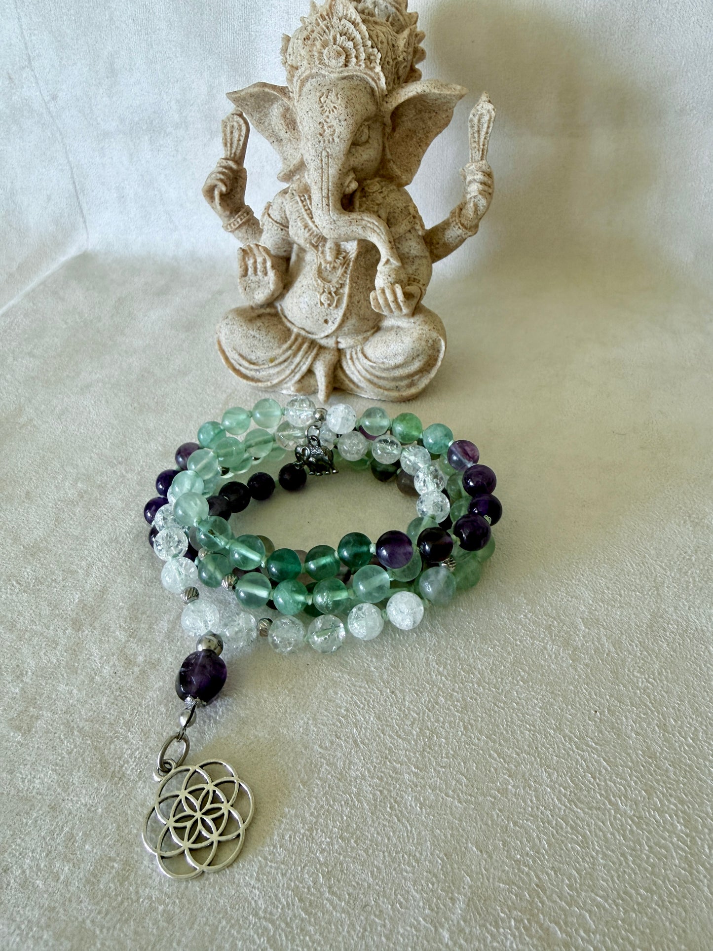 Natural Green fluorite, amethyst and clear quartz mala necklace for meditation and spiritual practice, Hand-knotted 108 bead mala with natural untreated gemstones and amethyst meru bead