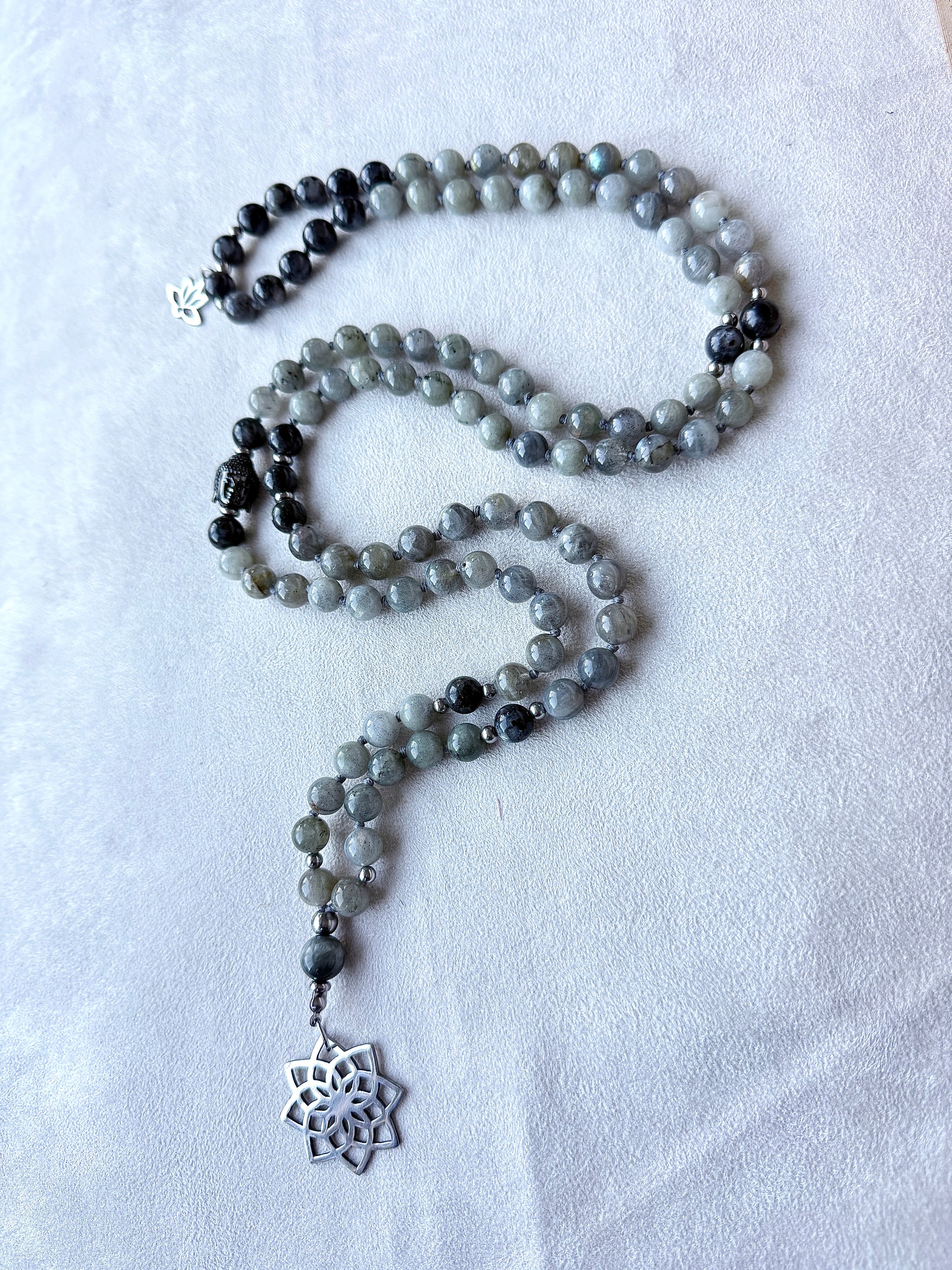 Natural Labradorite mala necklace, 108 prayer beads with Buddha charm and lotus pendant