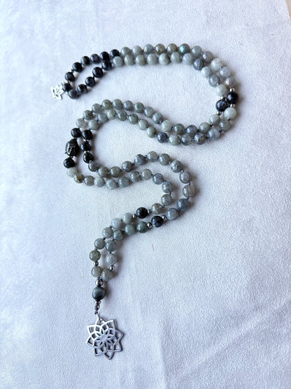 Natural Labradorite mala necklace, 108 prayer beads with Buddha charm and lotus pendant