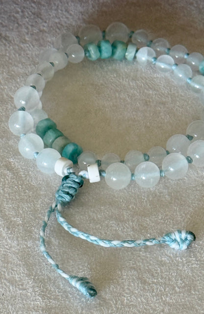Natural gemstone box breathing mala with groups of four beads to guide inhale, hold, exhale, and hold during breathing practice. Detail