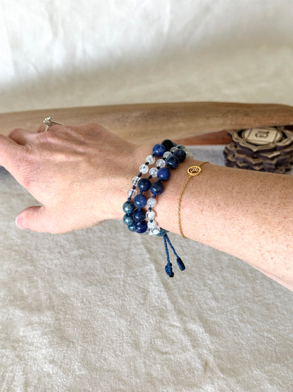 Natural gemstone box breathing mala  bracelet (worn) with groups of four beads to guide inhale, hold, exhale, and hold during breathing practice. 