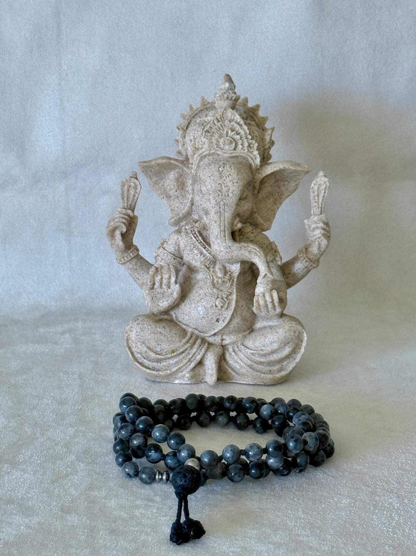 Mala for man. Grey larvikite mala necklace with 6 mm beads, lava stone meru, stainless steel Buddha charm and grounding spiritual jewelry. Natural gemstone mala for meditation.