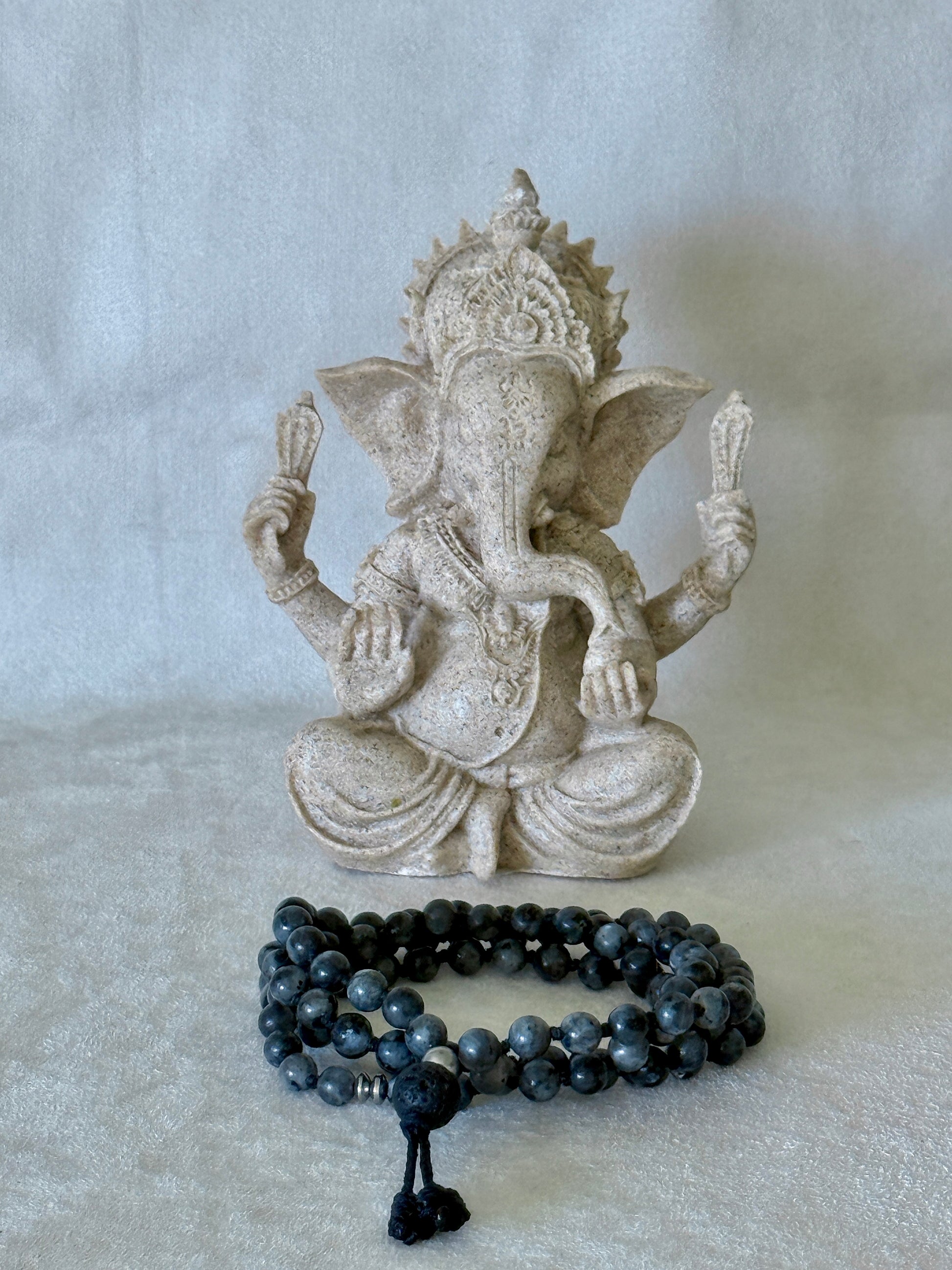Mala for man. Grey larvikite mala necklace with 6 mm beads, lava stone meru, stainless steel Buddha charm and grounding spiritual jewelry. Natural gemstone mala for meditation.