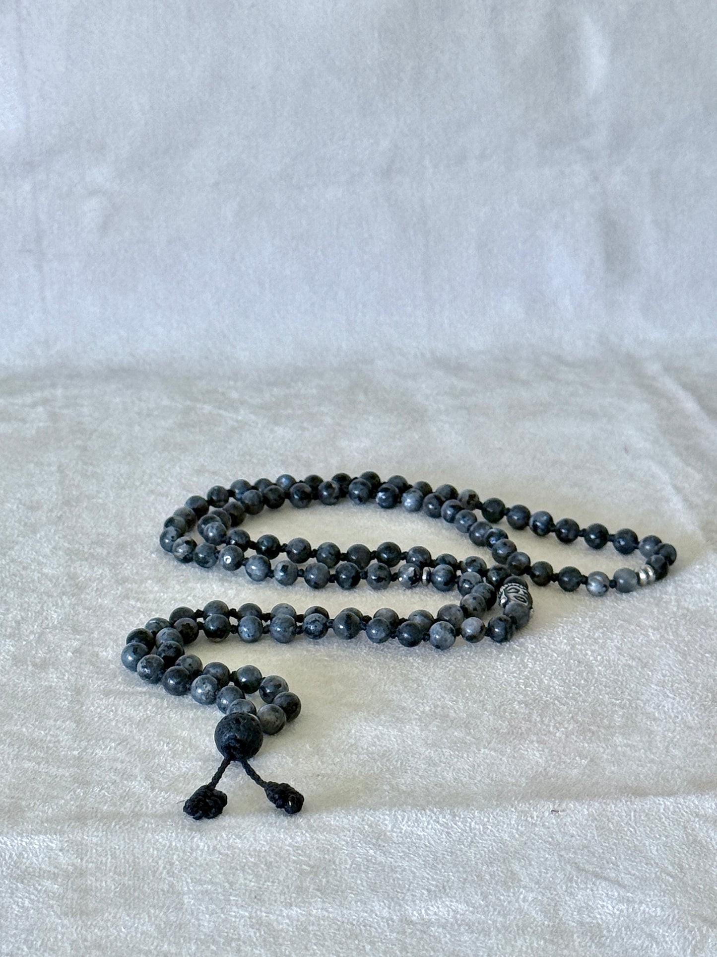 Natural grey larvikite mala necklace with 6 mm beads, lava stone meru, stainless steel Buddha charm and grounding spiritual jewelry by Samdea Mala