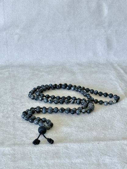 Natural grey larvikite mala necklace with 6 mm beads, lava stone meru, stainless steel Buddha charm and grounding spiritual jewelry by Samdea Mala