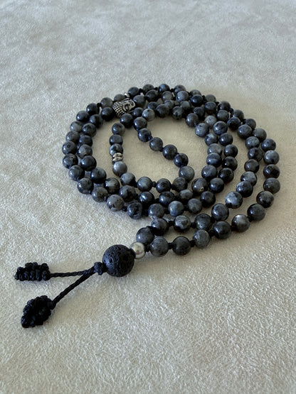 Mala for man. Natural larvikite mala necklace with 6 mm beads, lava stone meru, stainless steel Buddha charm and grounding spiritual jewelry by Samdea Mala Mala for meditation.
