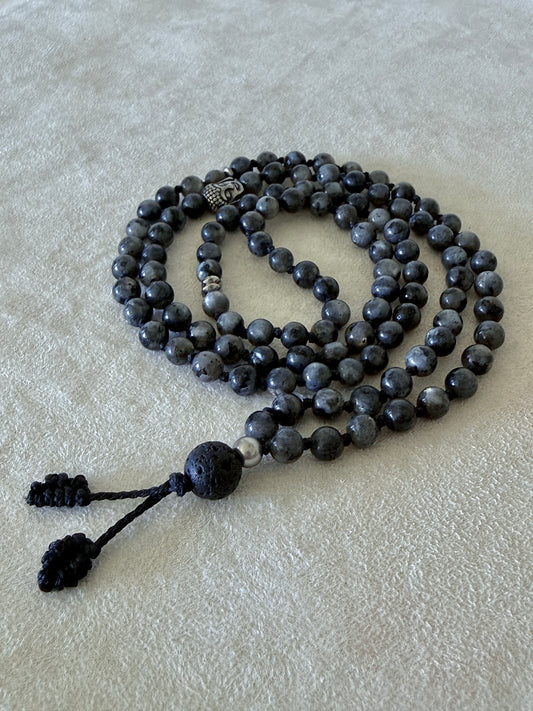 Mala for man. Natural larvikite mala necklace with 6 mm beads, lava stone meru, stainless steel Buddha charm and grounding spiritual jewelry by Samdea Mala Mala for meditation.