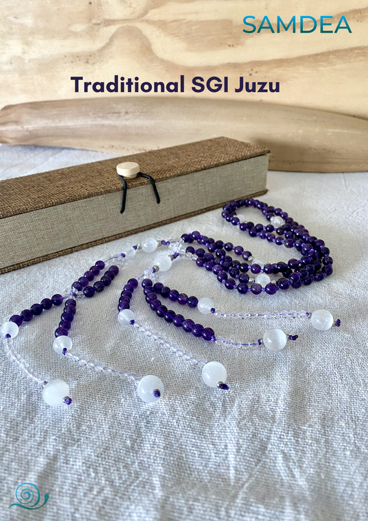Nichiren Purple Juzu with Natural Gemstone | Amethyst and Clear Quartz Juzu | Buddhist Prayer Beads - Samdea MalaGI 