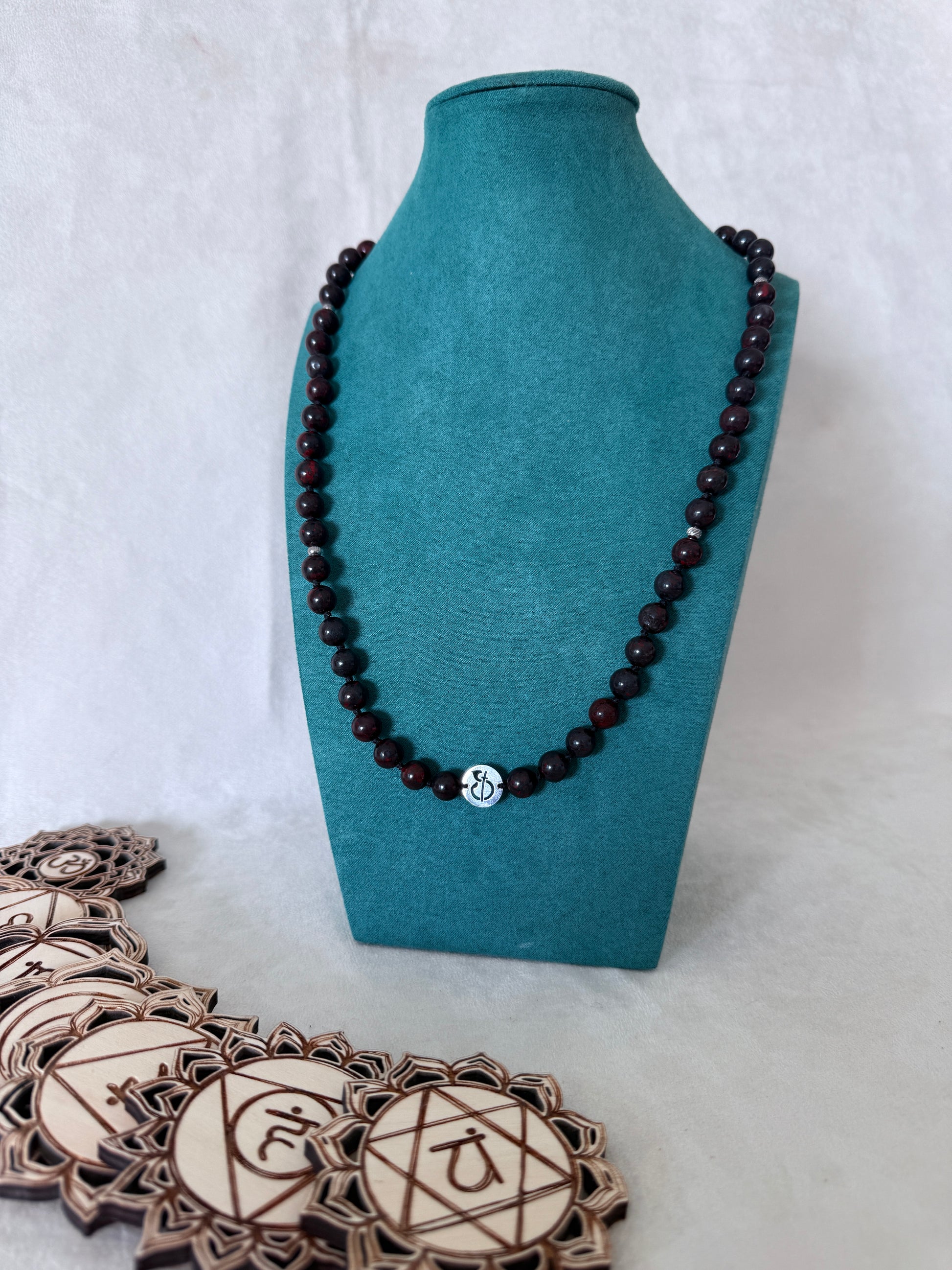 Samdea Mala Odaka Yoga bracelet mala in red heliotrope bloodstone, spiritual gemstone bracelet for yoga practitioners, meditation lovers, grounding, strength and yoga teacher gift.