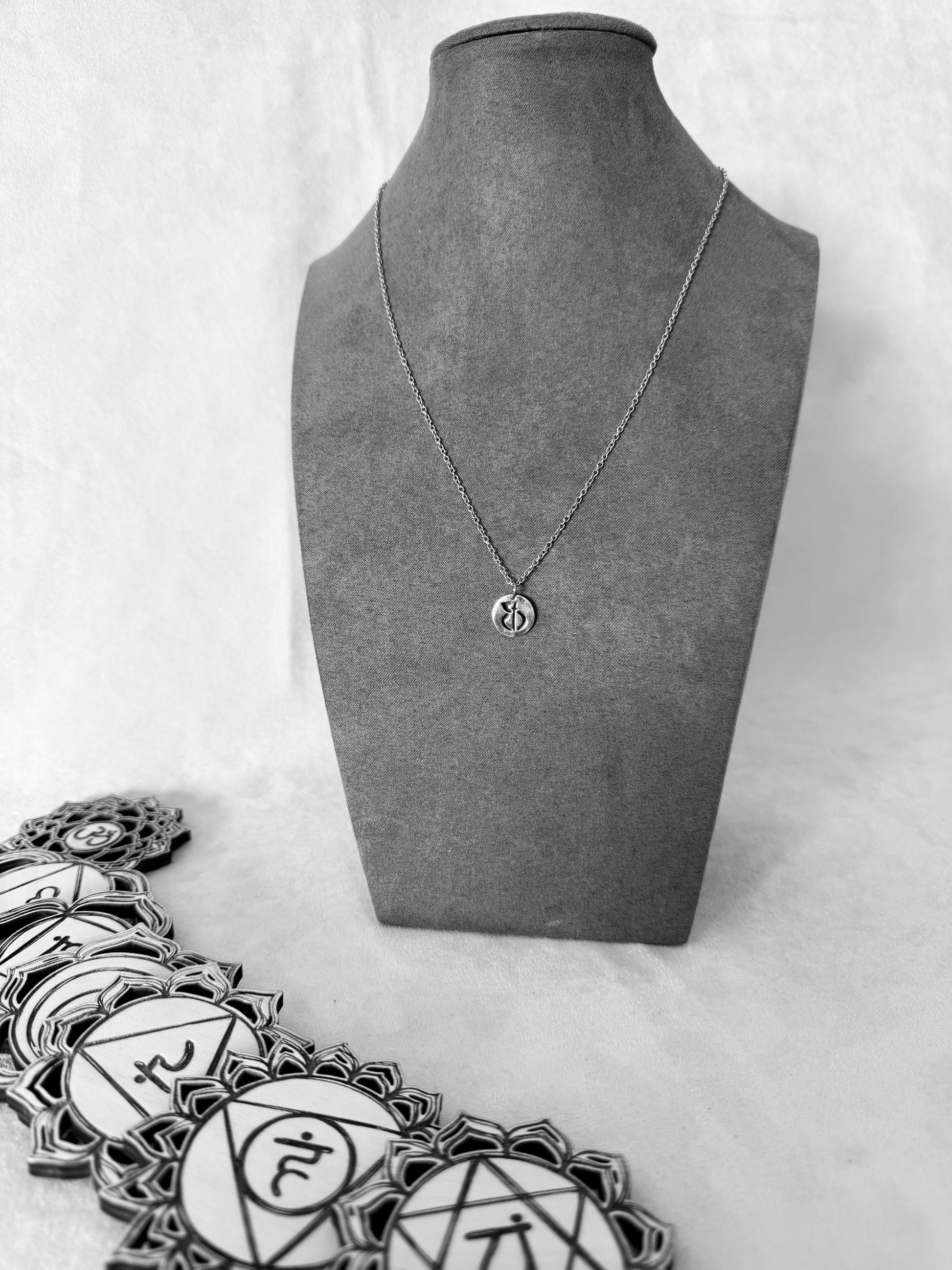 Samdea Mala Odaka Yoga stainless steel necklace with small symbolic pendant, minimalist spiritual jewelry for yoga practitioners, meditation lovers and yoga teacher gift.Roberto Milletti, Francesca Cassia