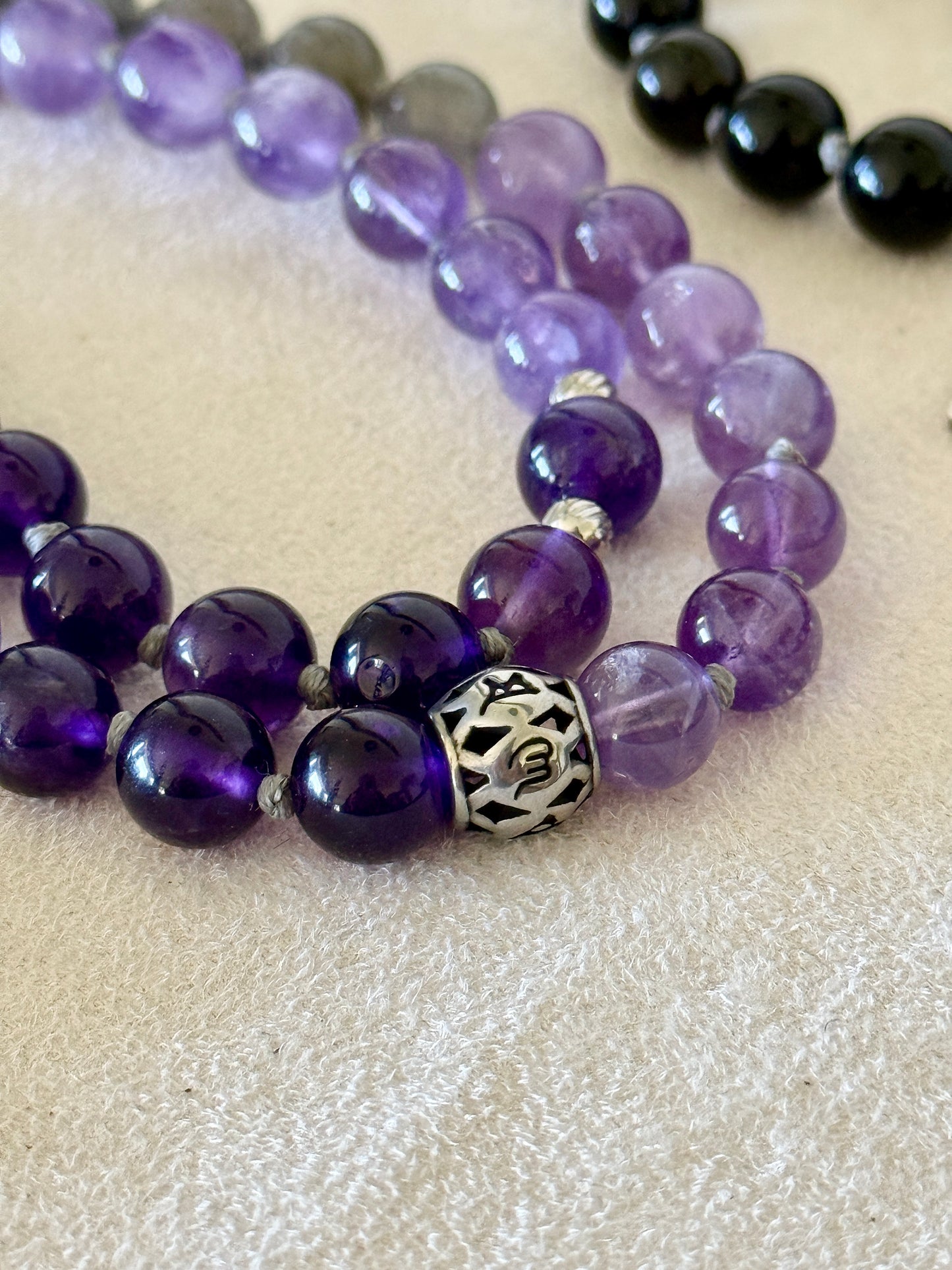 Om Mani Padme Hum mantra bead obsidian and amethyst