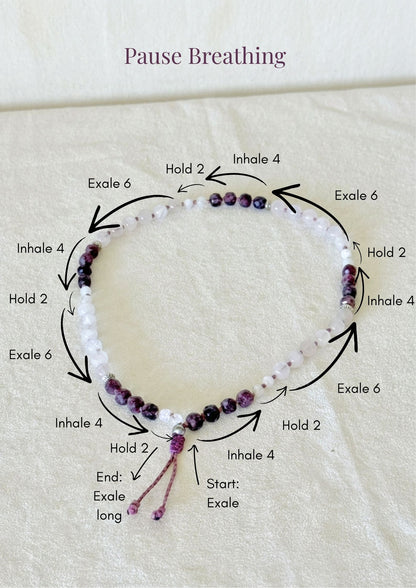 Diagram of the Pause Breathing Mala's 4-2-6 breathing sequence – inhale 4, hold 2, exhale 6 – mapped around the beads
