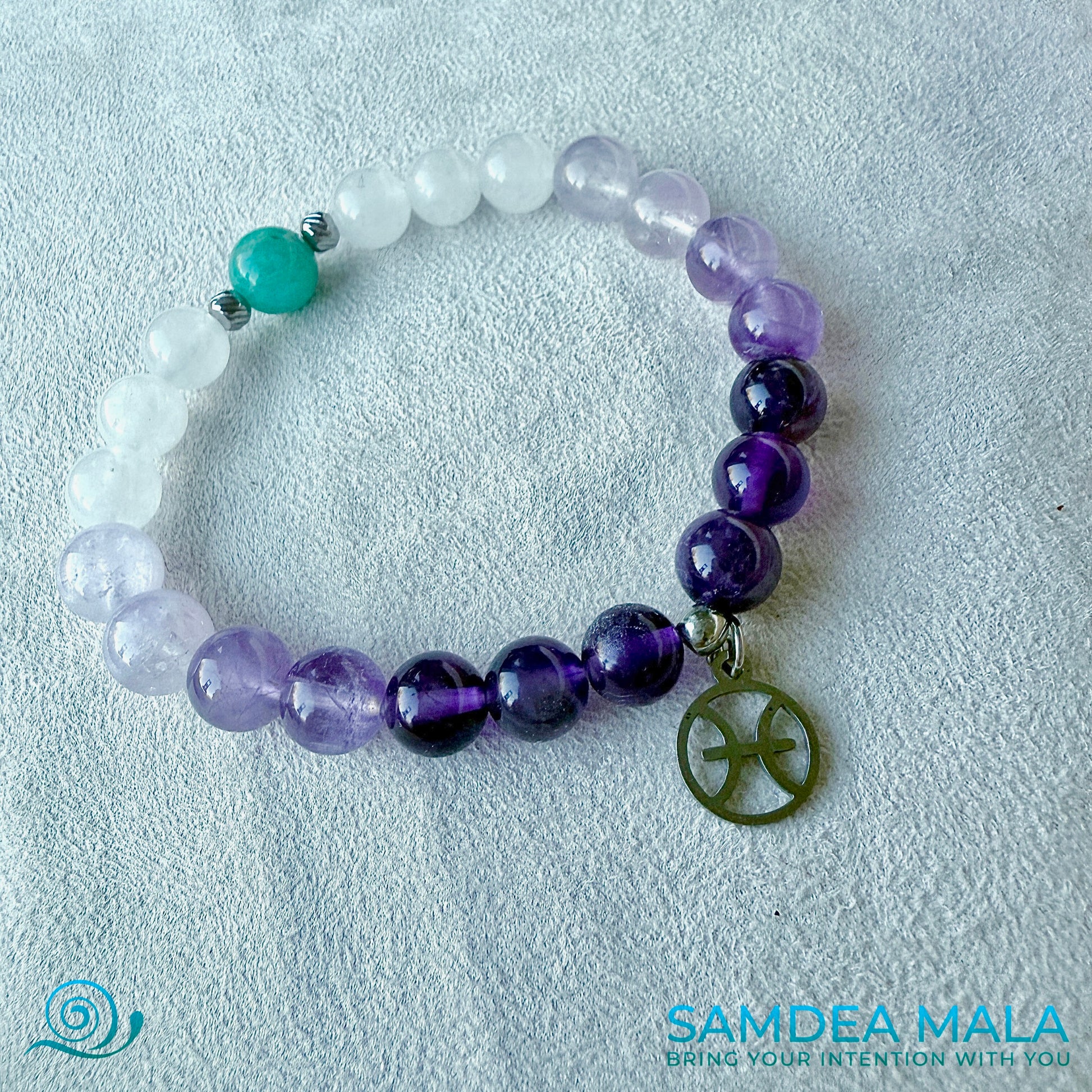 zodiac-inspired mala bracelet for pisces purple and white - natural gemstones bracelet, Pisces birthstones -  Pisces charm