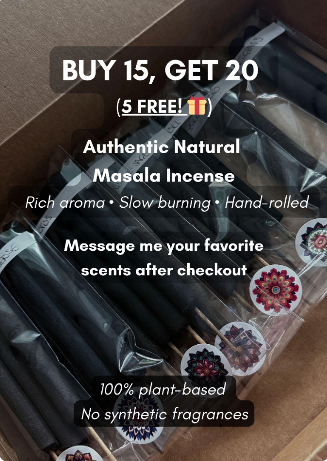 Promo bundle natural incense sale BUY 15, GET 20!" and "The Authentic Satya Nag Champa. Richer, moister, hand-rolled incense.