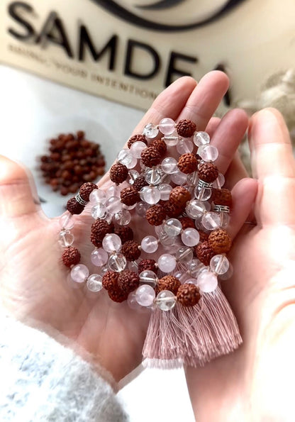 Real Rudraksha and clear quartz mala necklace for mindfulness practice