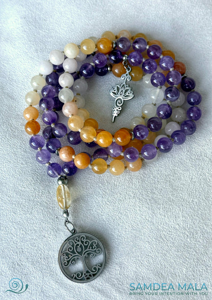 Yellow jade and amethyst mala beads, 108 prayer beads for mindfulness and Sagittarius spiritual practice - tree of life pendant