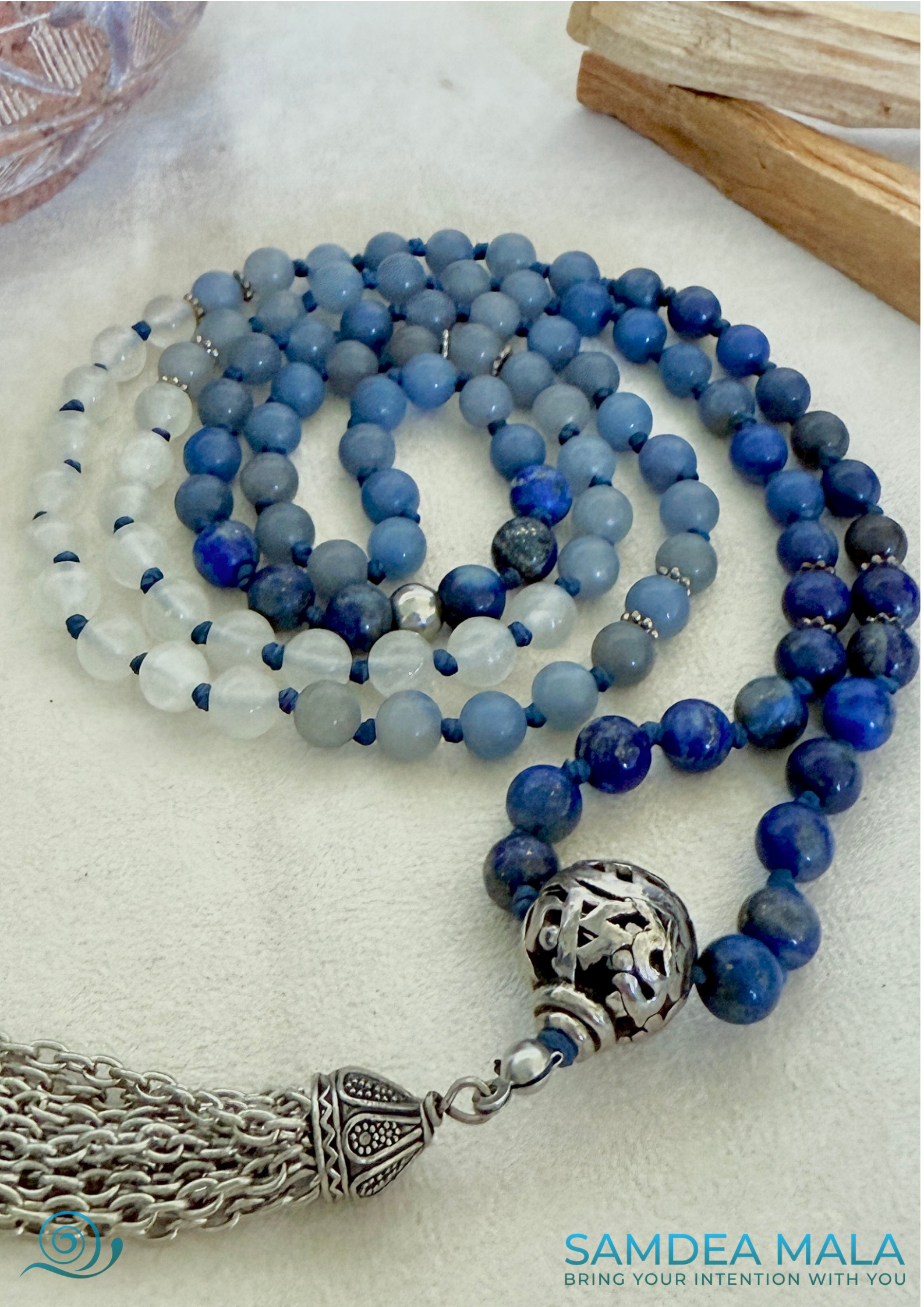 Samdea Mala 6mm lapis lazuli, blue aventurine, and white jade tassel mala necklace, 32 inch length