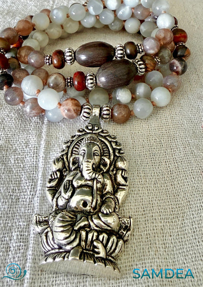 Samdea Mala Ganesha mala necklace with black moonstone gray moonstone and landscape jasper 108 prayer beads