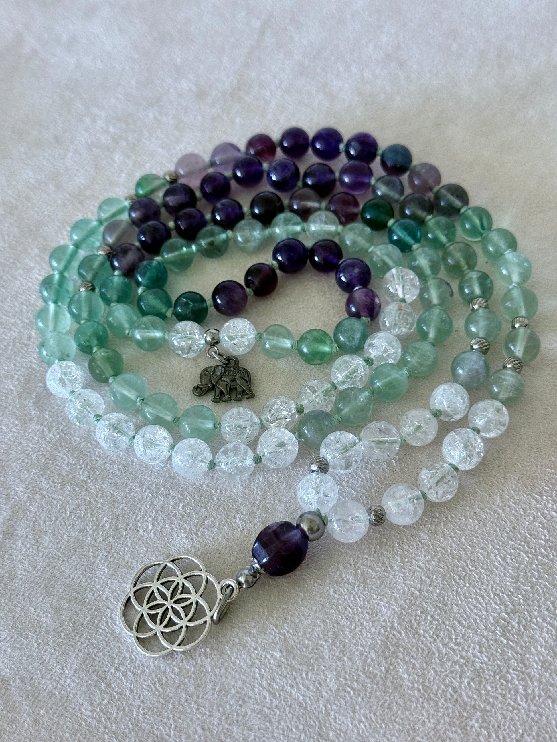 Samdea Mala with green fluorite, amethyst and clear quartz 108 prayer beads with Seed of Life pendant full view