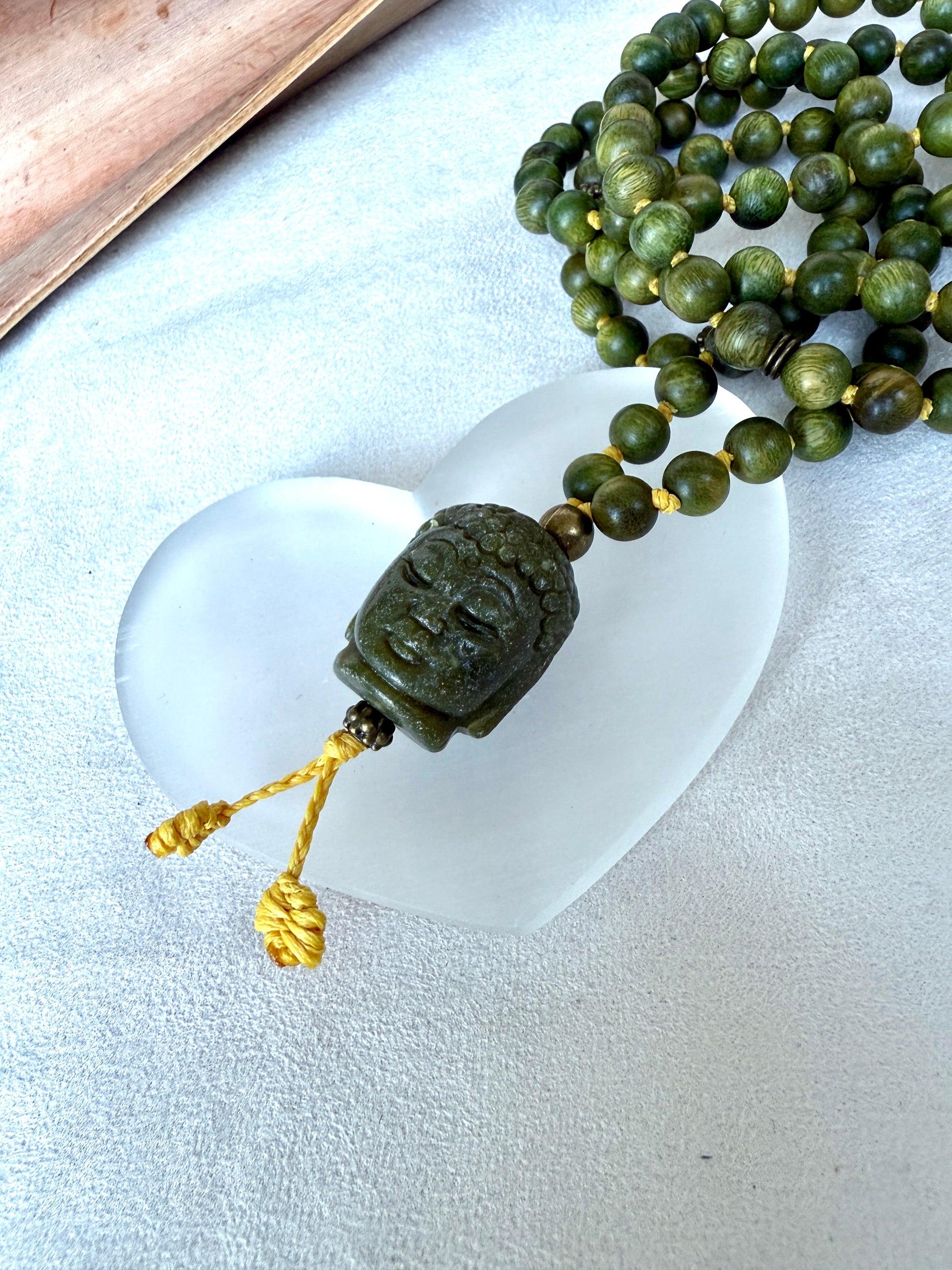 Sandalwood Mala Beads with Green Jade Buddha Pendant for Aboundance - Samdea Mala