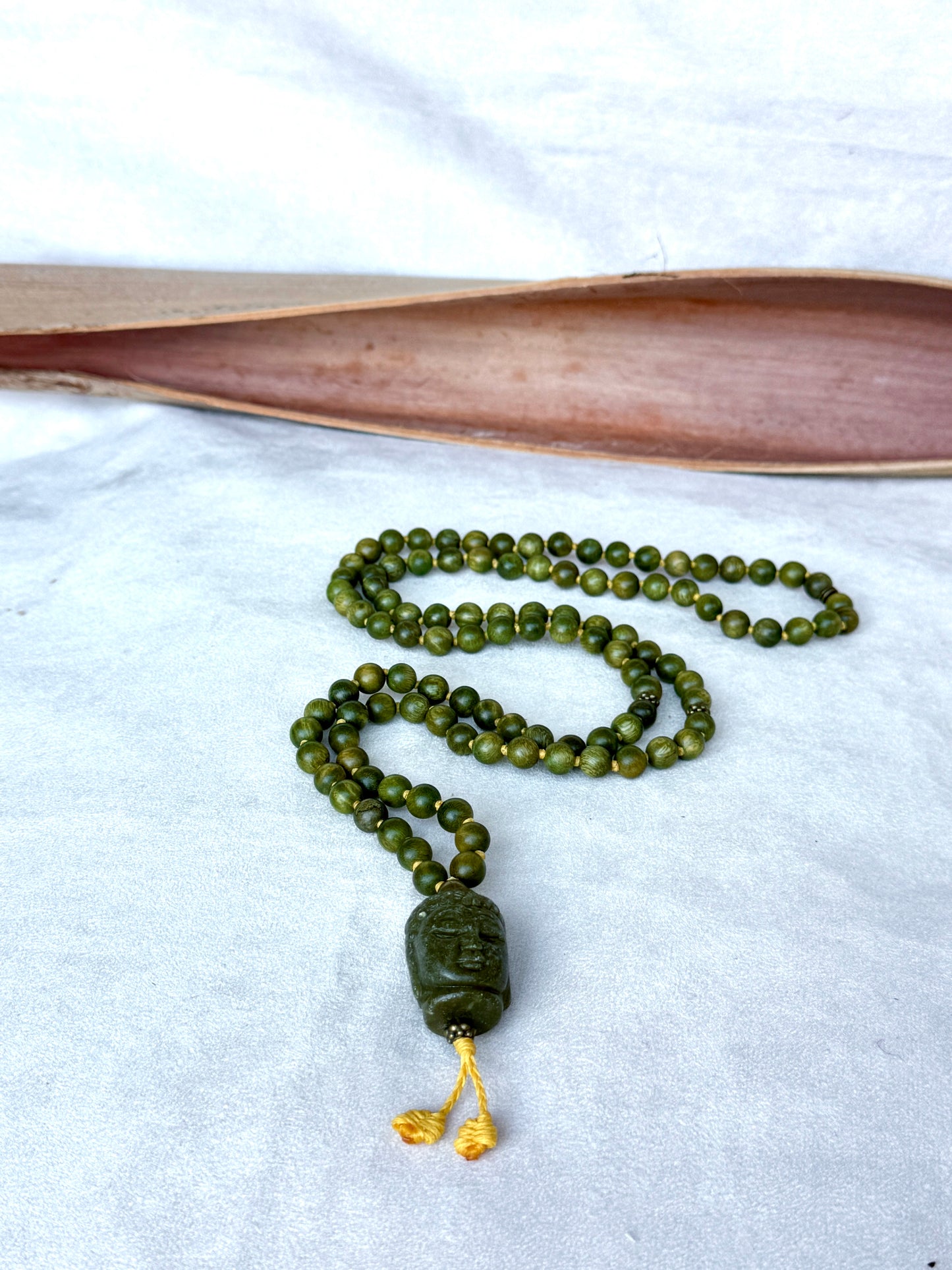 Sandalwood Mala Beads with Green Jade Buddha Pendant for Abundance on a Sandalwood Mala for meditation and midfulness