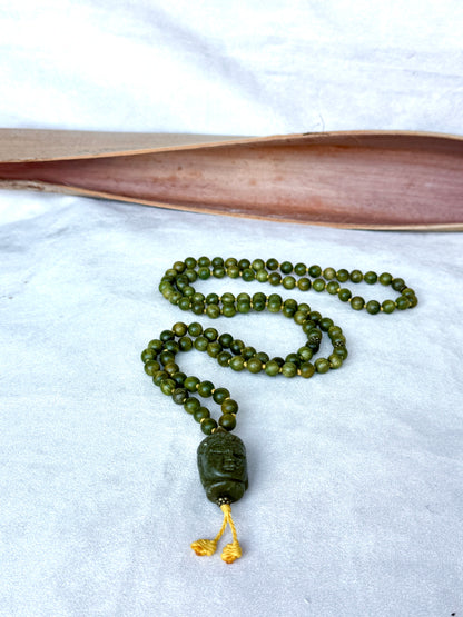 Sandalwood Mala Beads with Green Jade Buddha Pendant for Abundance on a Sandalwood Mala for meditation and midfulness