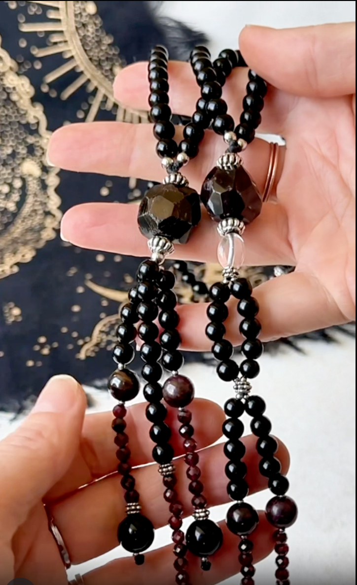 Nichiren Black Juzu with Obsidian, Garnet and Clear Quartz | Buddhist Prayer Beads for Protection and Enlightenment - Samdea Mala