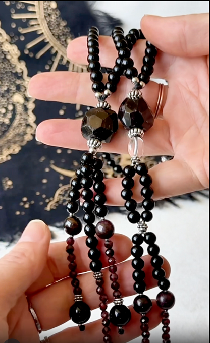 Nichiren Black Juzu with Obsidian, Garnet and Clear Quartz | Buddhist Prayer Beads for Protection and Enlightenment - Samdea Mala