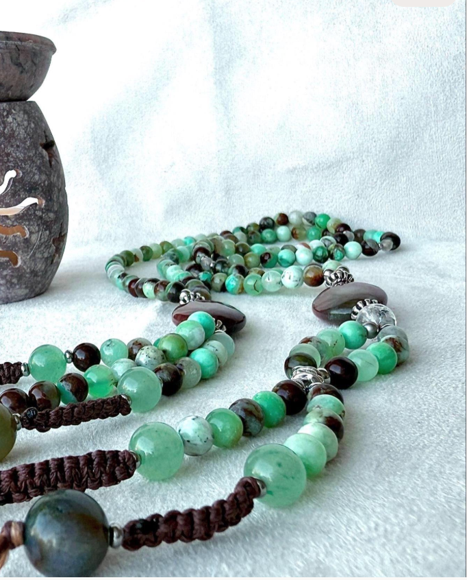 Green Chrysoprase SGI Nichiren juzu prayer beads, full view on white background