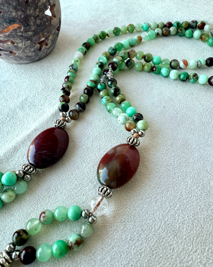 Green chrysoprase SGI Nichiren juzu in elegant gift pouch