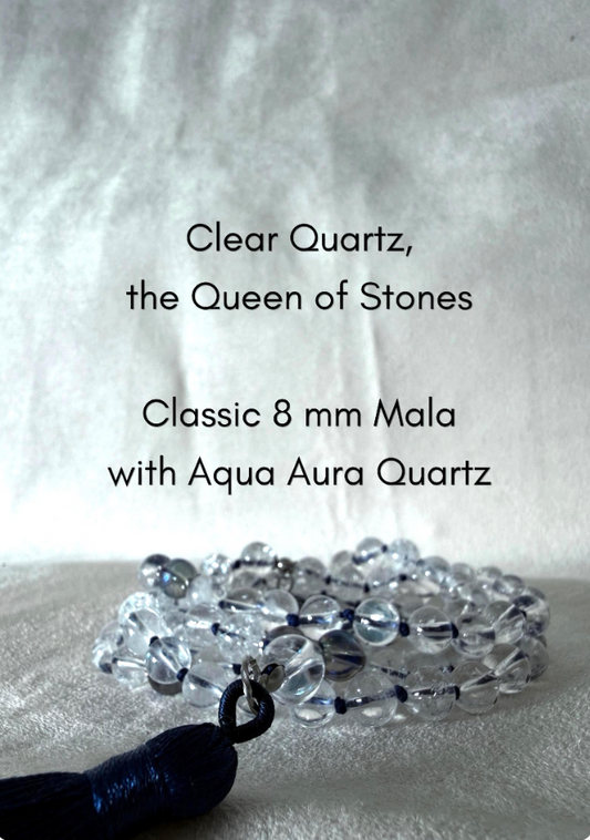 Luce Mala – Collana in Quarzo Ialino e Aqua Aura, 108 Grani per Meditazione, Ciondolo Hamsa