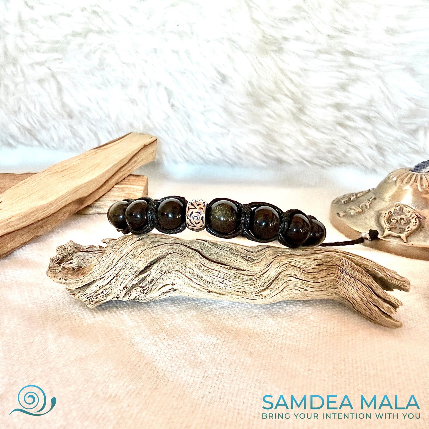 Shadow work bracelet  Tibetan bracelet in obsidian, featuring black and gold beads on black cord.  The bracelet has a silver accent bead. Meditation bracelet, for mindfull growth, Grounding, Protection & Energetic Clarity