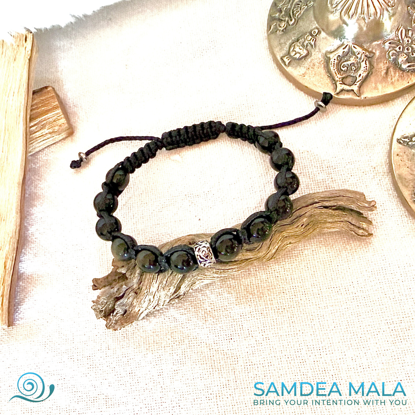 Shadow work  tibetan bracelet  obsidian, featuring black and gold beads on black cord.  The bracelet has a silver accent bead. Meditation bracelet, for mindfull growth, Grounding, Protection & Energetic Clarity