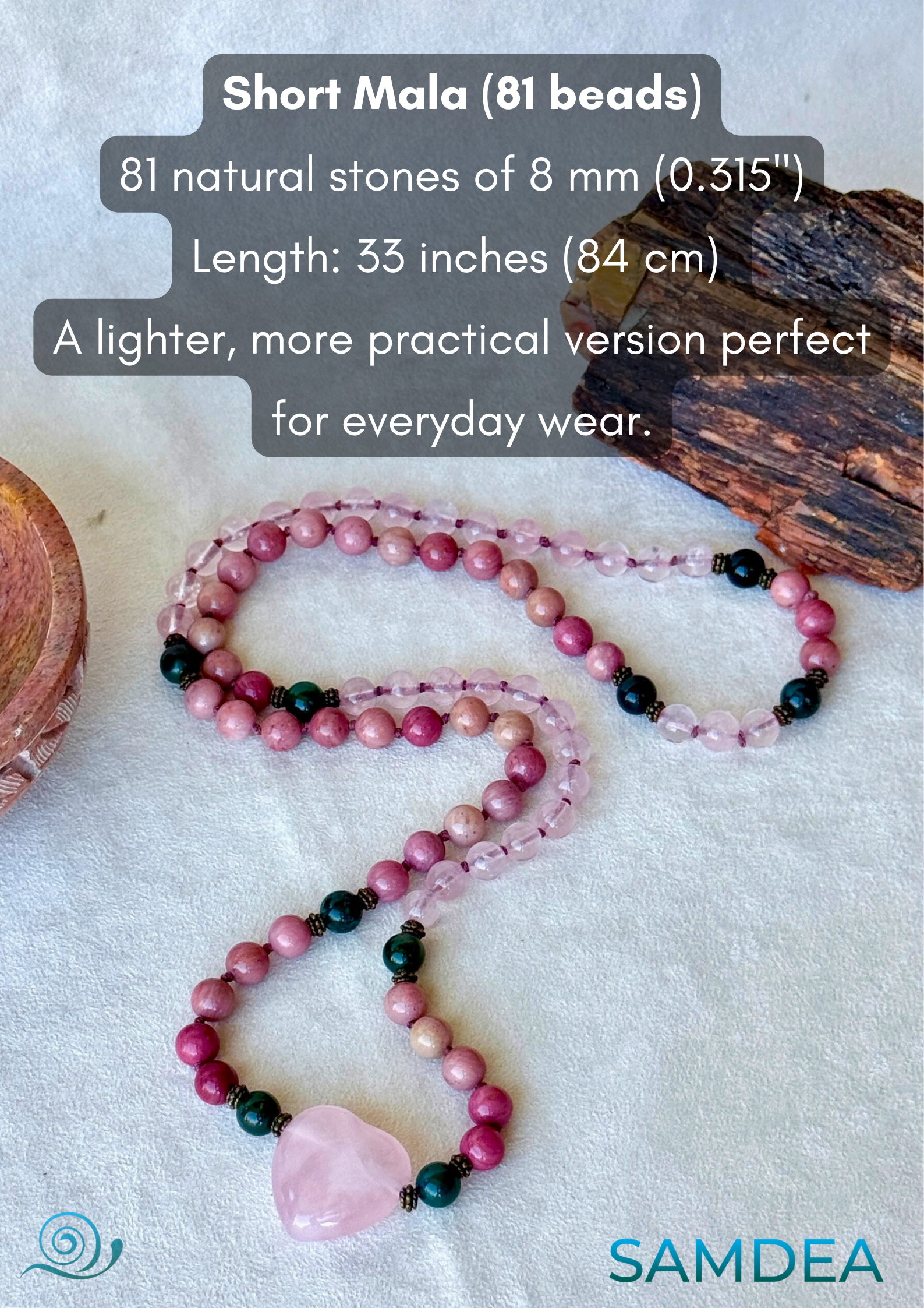 Ho'oponopono Mala Beads – Rose Quartz, Rhodonite & Moss Agate