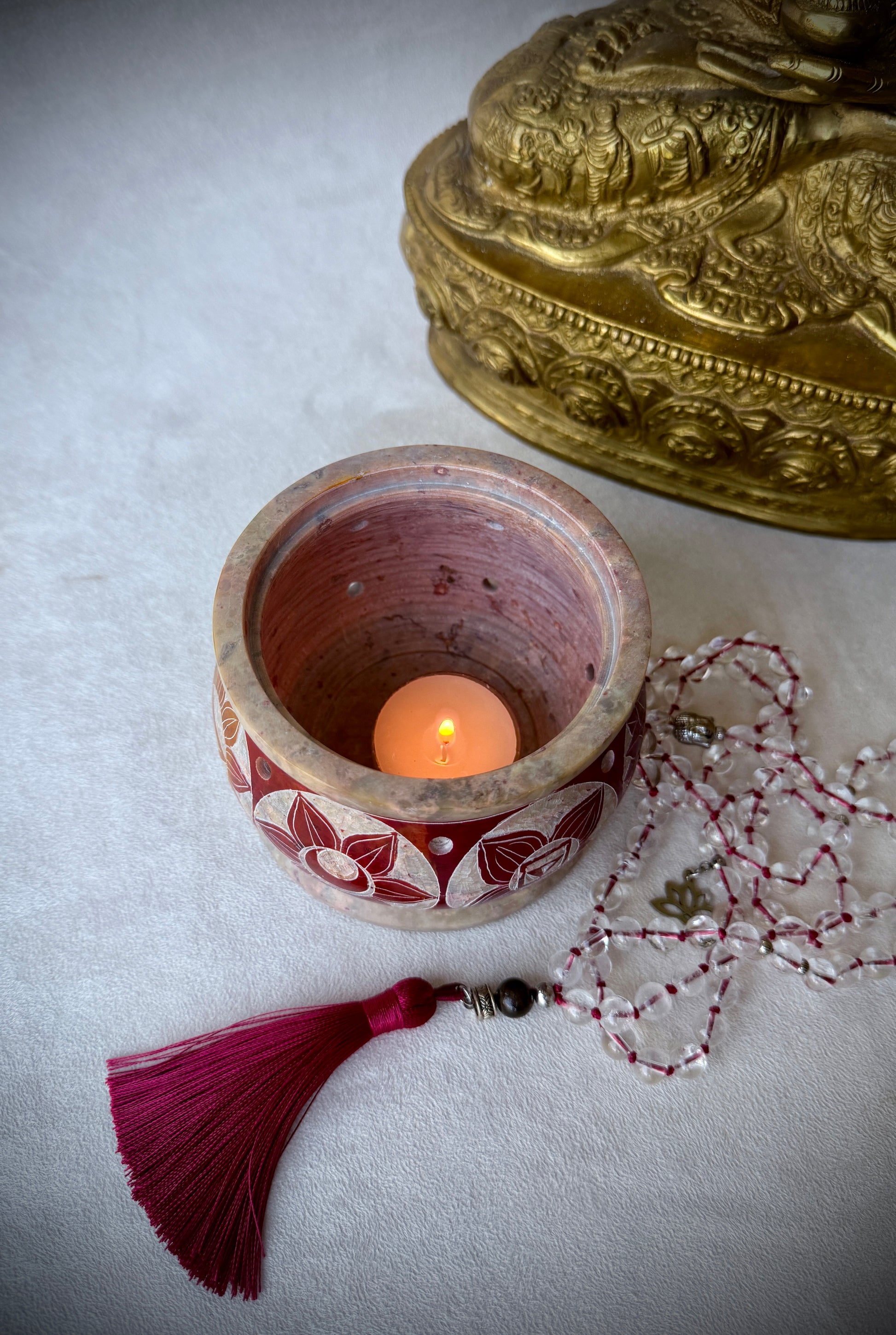 Soapstone Tealight Candle – Cone Incense and Resin Burner, Multi-Color 7 Chakras | Hand-Carved 3″ x 3.5″ with Metal Sieve