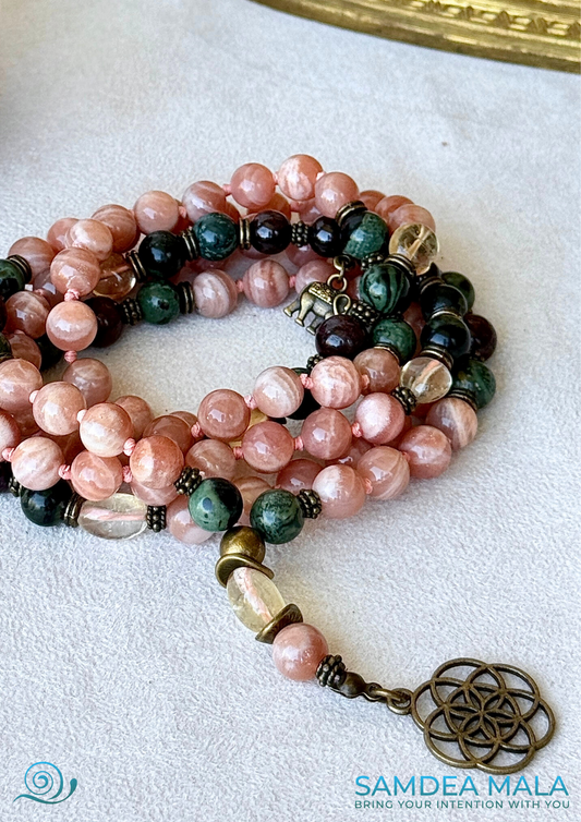 Sun Mala with Sunstone, Citrine, Garnet, and Jasper with seed of life pendant, for energy and light in your spiritual journey of mindfullness and meditation, 108 necklace