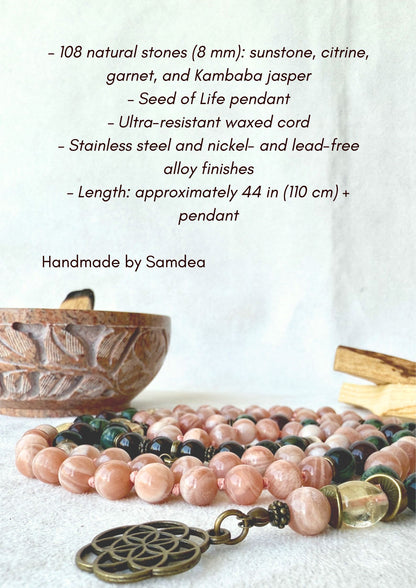 Technical details of Sun Mala necklace with Sunstone, Citrine, Garnet and Kambaba jasper beads and Seed of Life pendant