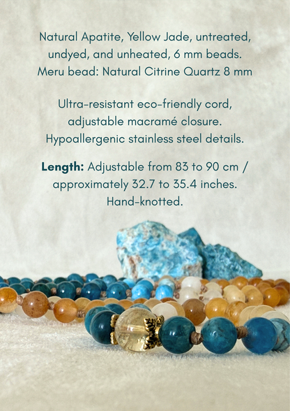 Tecnical of The Sun and the sea natural gemstone mala bracelet. Handmade Apatite and Yellow Jade mala bracelet with natural 6 mm gemstones, Citrine guru bead, adjustable macramé closure, and stainless steel details; a 108 bead mala necklace inspired by sea and sun, water and fire, for meditation, yoga, and intention practice.