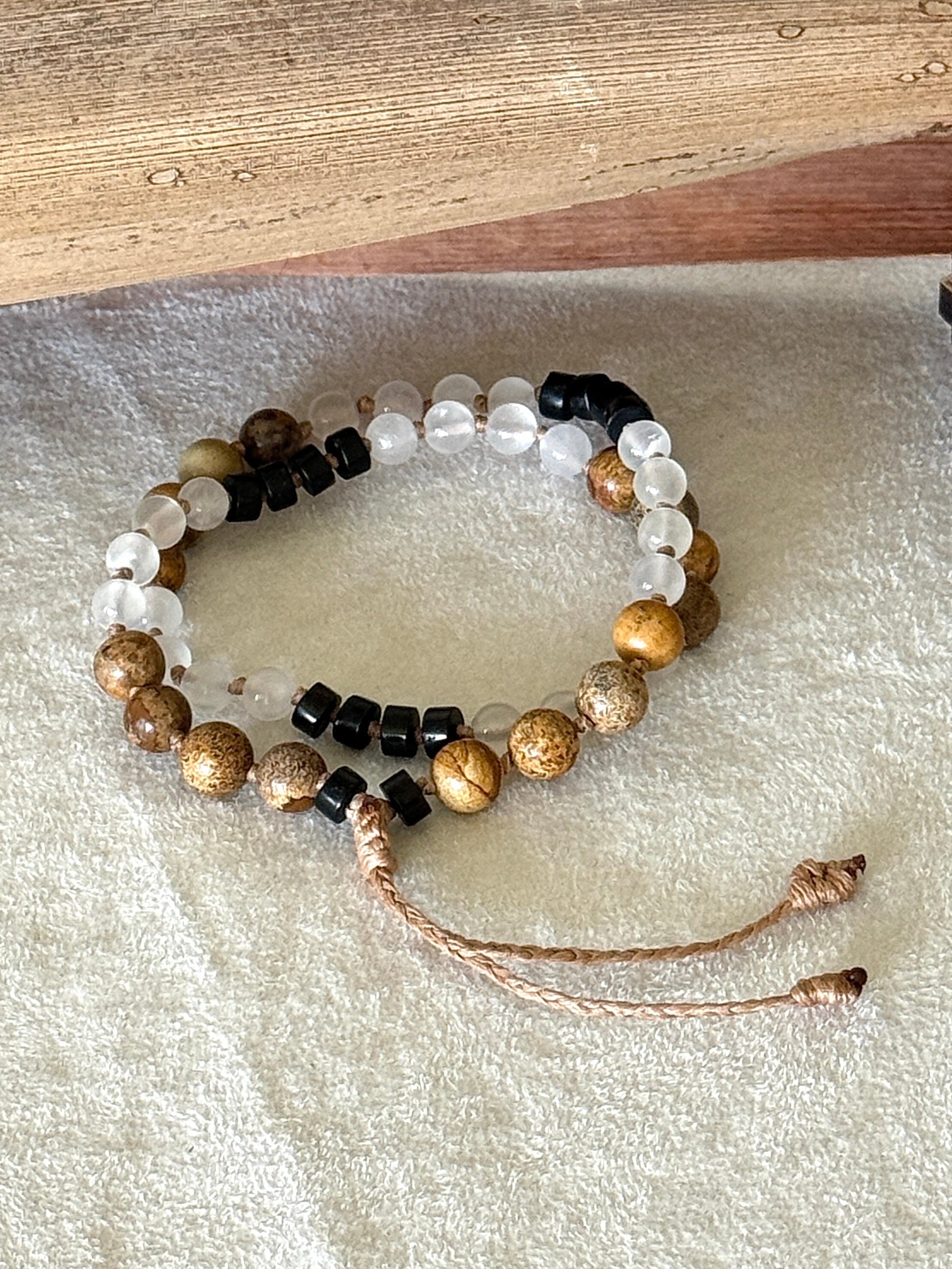 Grounding natural gemstone obsidian, selenite, jasper for breathwork. Mala  bracelet with groups of four beads to guide inhale, hold, exhale, and hold during breathingp ractice.
