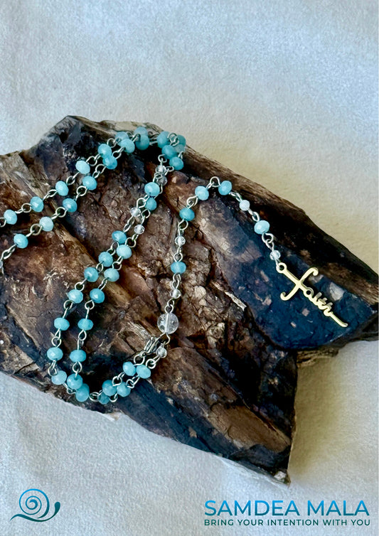 Samdea Catholic rosary with aquamarine and clear quartz, handcrafted with stainless steel cross. Prayer necklace on a pretrified wood stone, wearable rosary, rosary jewelry, rosary gift, spiritual jewelry, handmade rosary, crystal rosary, clear quartz, catholic beads, devotion gift, gemstone rosary.
