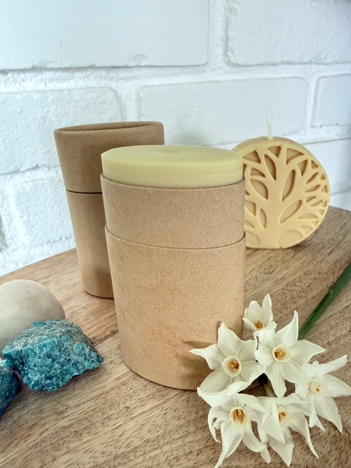 Close-up of solid deodorant texture with shea butter and jojoba oil, skin-friendly formula