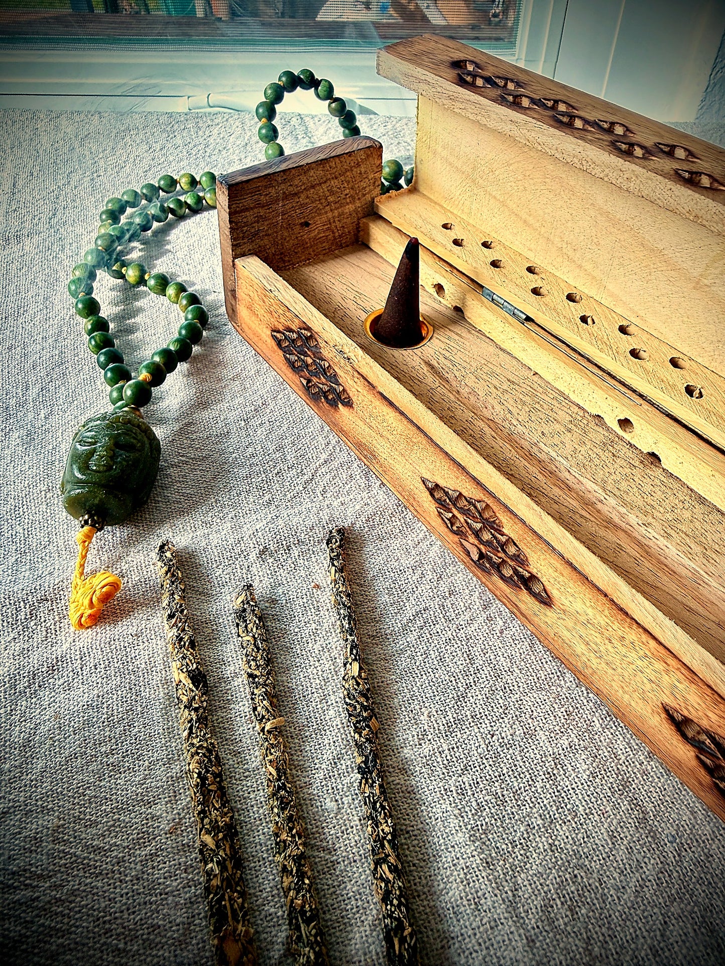 Wooden coffin incense burner box with smoke vents diamond pattern home altar décor with Buddha mala