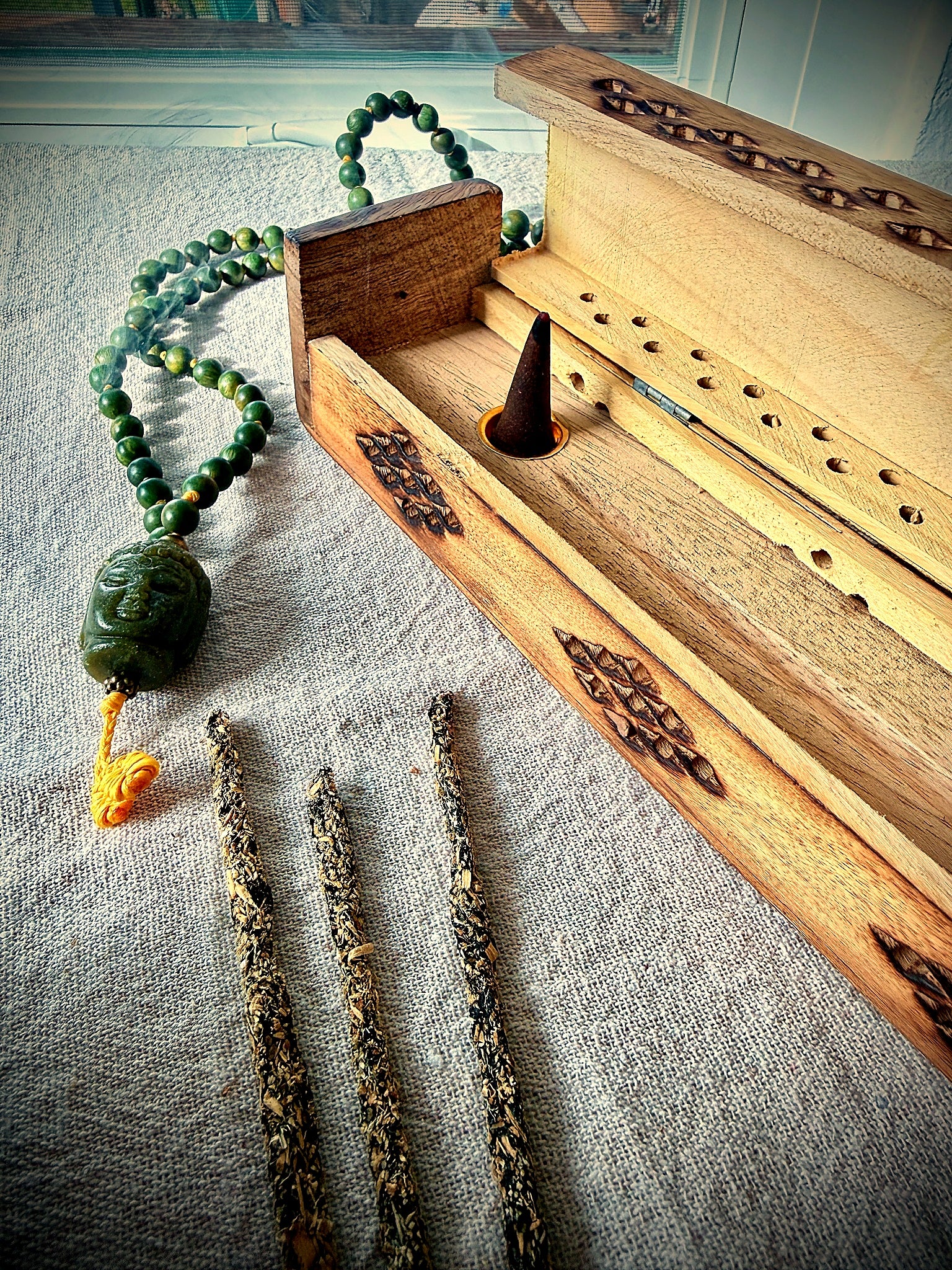 Wooden coffin incense burner box with smoke vents diamond pattern home altar décor with Buddha mala