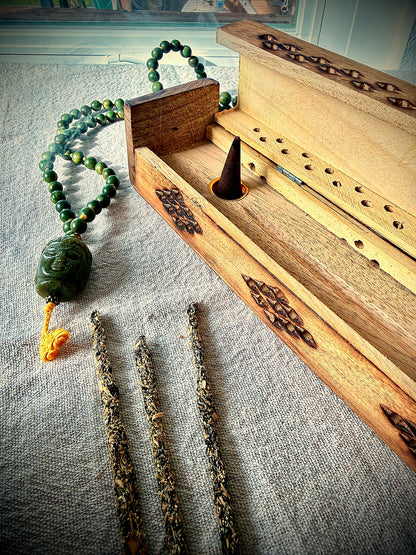 Wooden coffin incense burner box with smoke vents diamond pattern home altar décor with Buddha mala